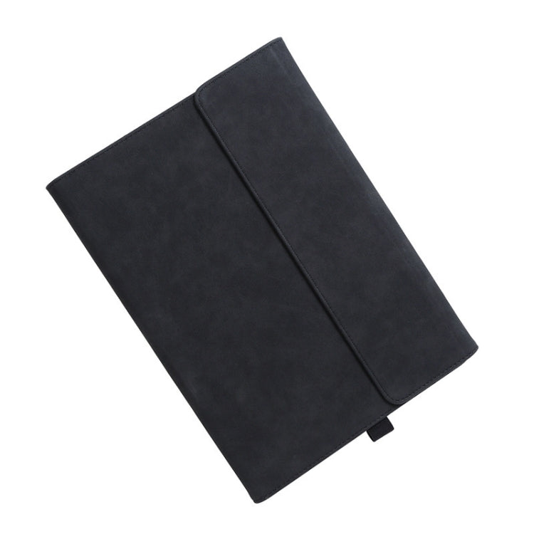 Black laptop sleeve case with wraparound flap and secure side openings