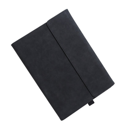 Black laptop sleeve case with wraparound flap and secure side openings
