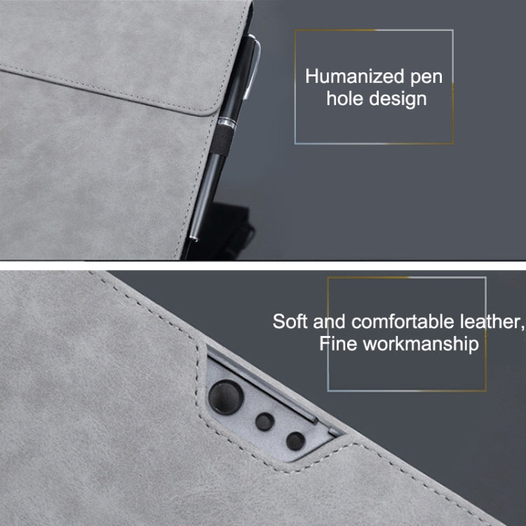 Gray laptop sleeve case with pen hole and stitched seam detail