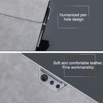 Gray laptop sleeve case with pen hole and stitched seam detail