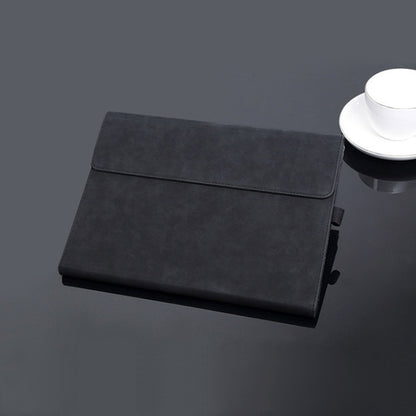Black laptop sleeve case with front flap and side grips