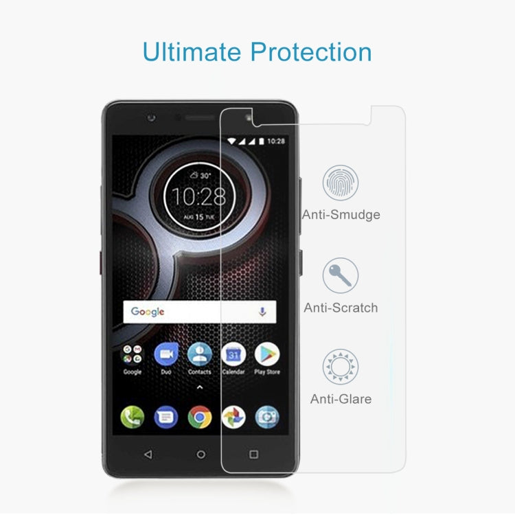 Tempered glass screen protector on phone display with smudge, scratch, glare icons