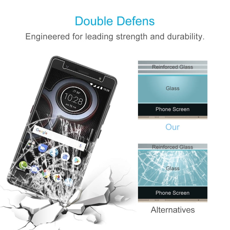 Tempered glass screen protector with reinforced glass layers diagram and phone overlay