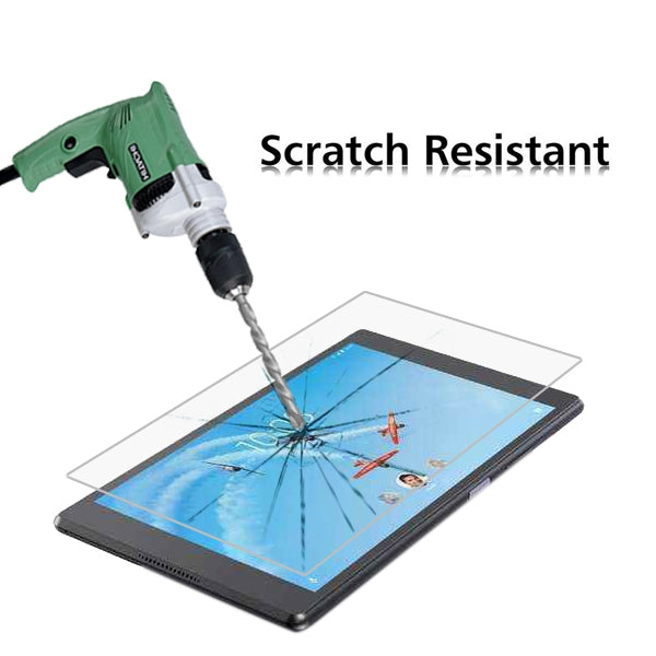 Tempered glass screen protector film on tablet, drilling-impact protection