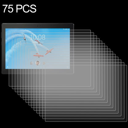 Set of 75 tempered glass screen protector films for tablet, clear, stacked