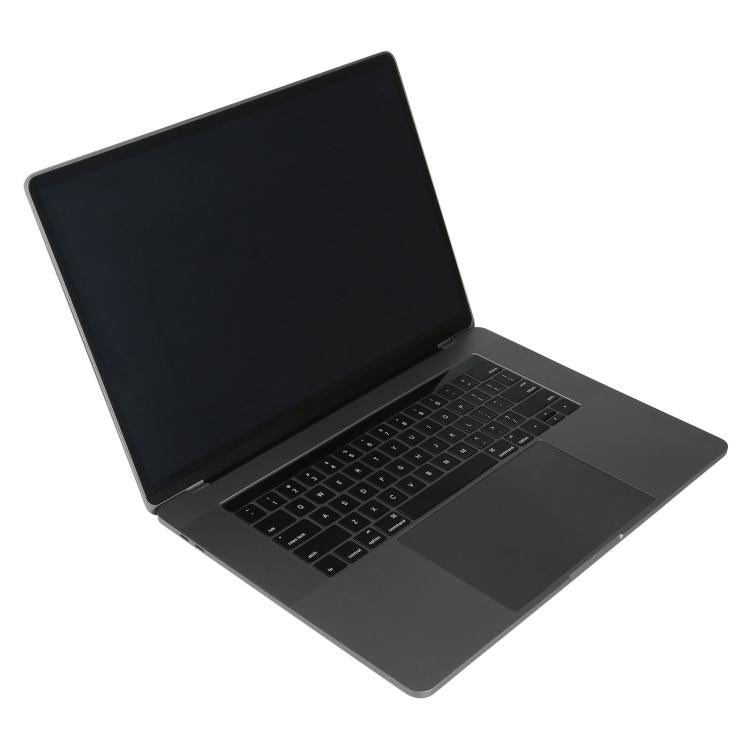 Dark-screen laptop dummy model with keyboard, open at a wide angle