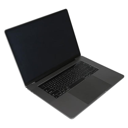 Dark-screen laptop dummy model with keyboard, open at a wide angle