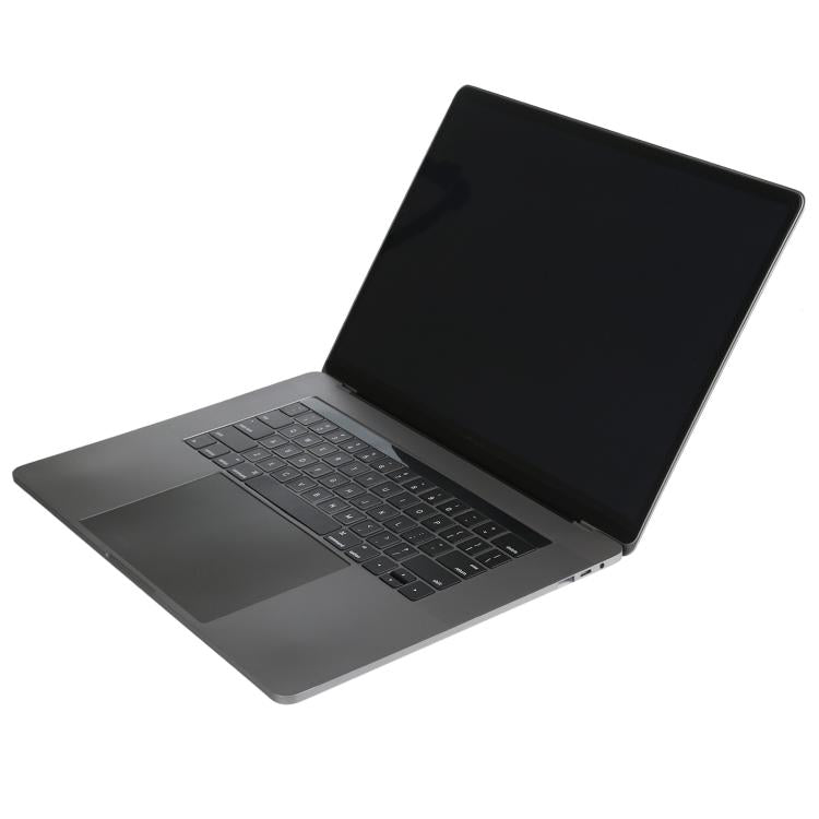 Open laptop dummy model with dark screen and keyboard deck, angled view