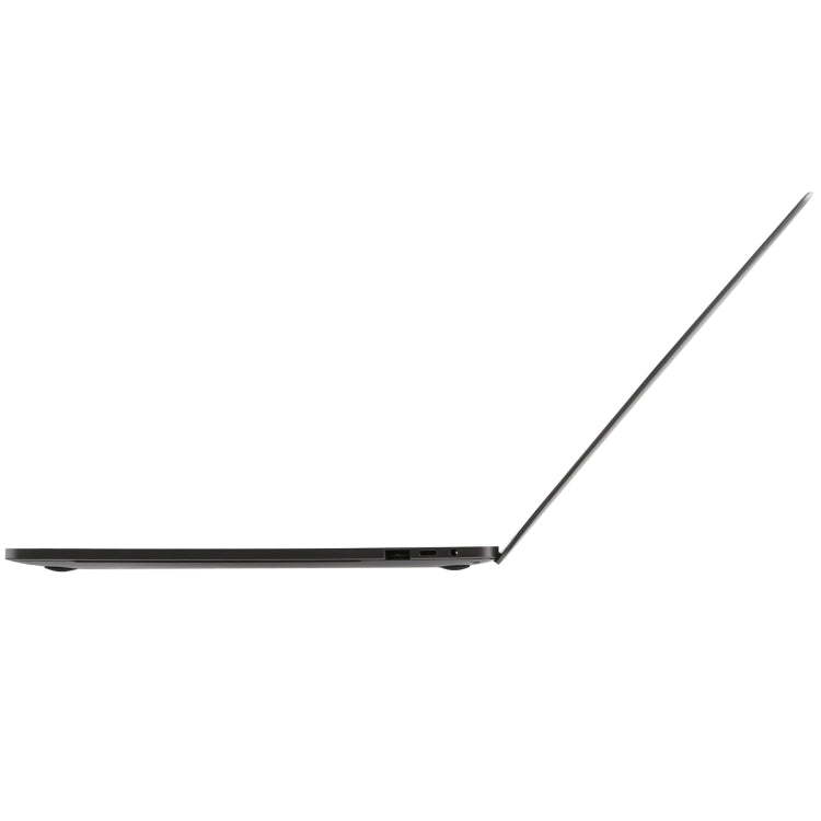 Side view of slim laptop dummy model with dark bezel and thin ports edge