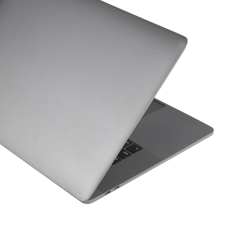 Close-up of gray laptop dummy keyboard and touchpad area with dark keys
