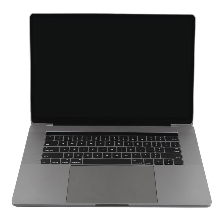 Open gray laptop dummy model with dark screen and black keyboard, front view