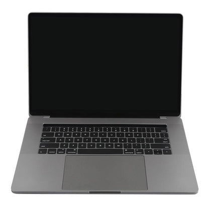 Open gray laptop dummy model with dark screen and black keyboard, front view