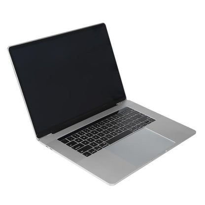 Silver laptop dummy model with dark screen and black keyboard, angled open view