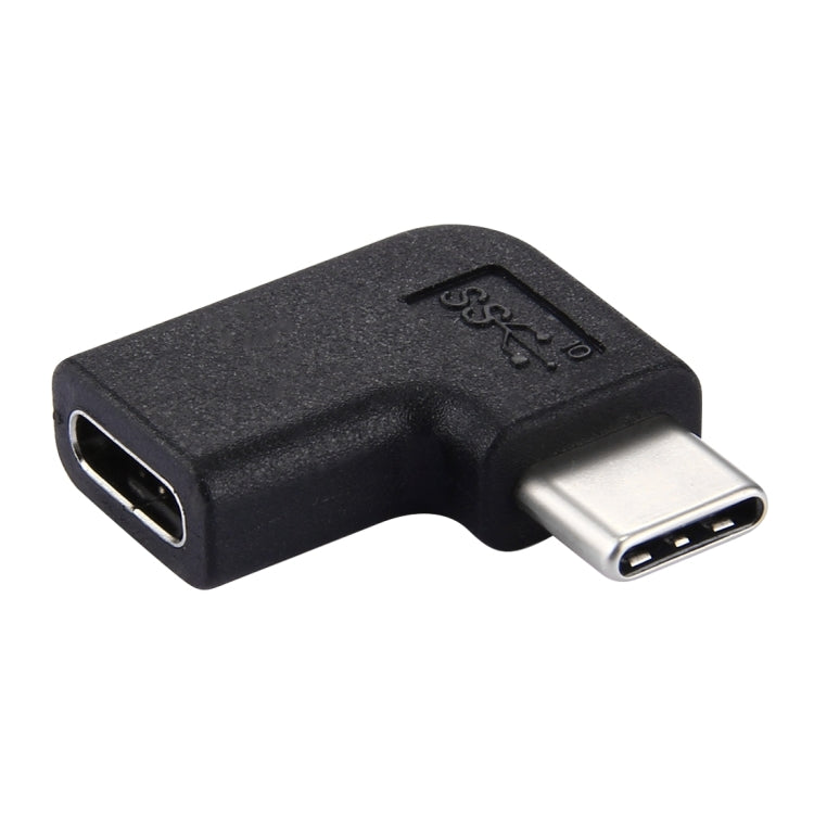 Black 90-degree USB-C adapter with USB-C output, corner view