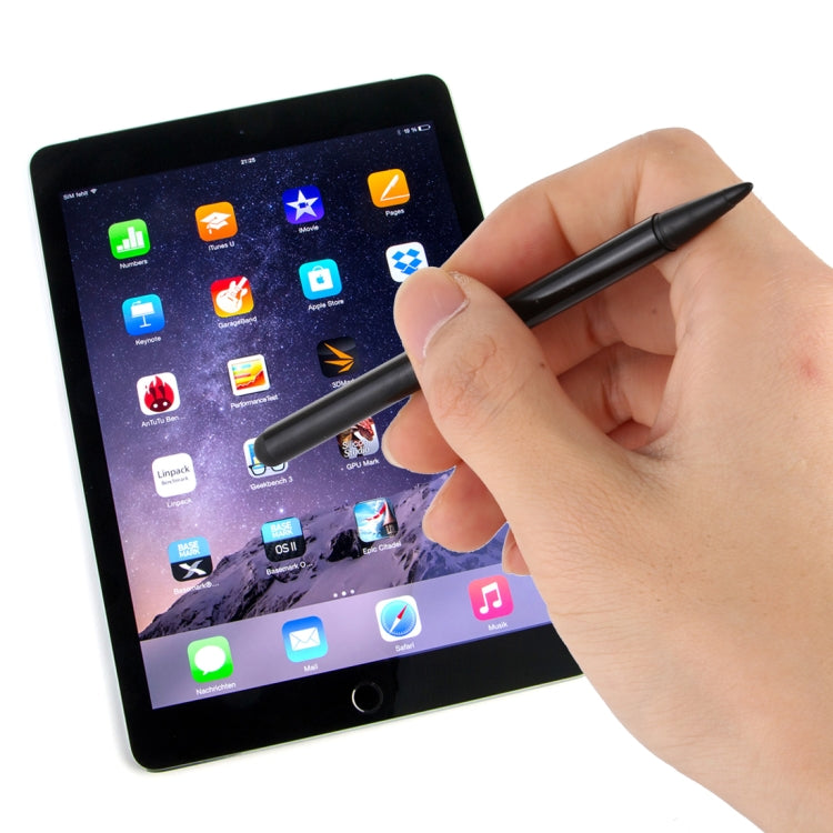 Black double-tip capacitive stylus pen being used on a tablet screen