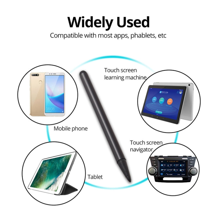 Black capacitive stylus pen shown with compatibility icons for phones and tablets