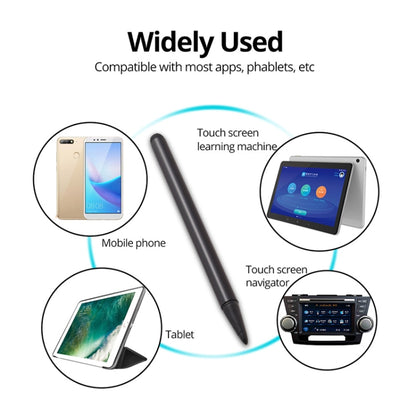 Black capacitive stylus pen shown with compatibility icons for phones and tablets