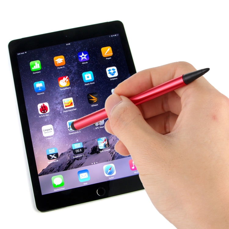 Red double-tip capacitive stylus pen being used on a tablet screen