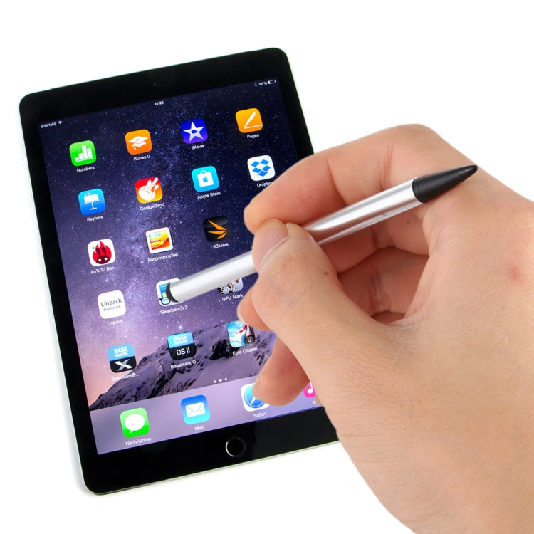 Silver capacitive stylus pen with pointed tip being used on a tablet screen
