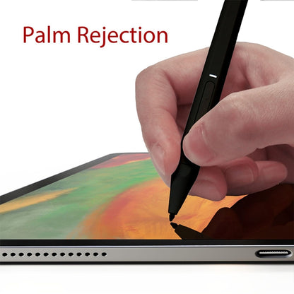 Black stylus pen tip touching screen, held by fingers for palm rejection