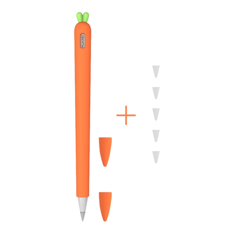 Orange liquid silicone stylus cover with green carrot top, includes pen cap and nib cover