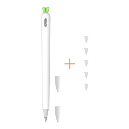 White liquid silicone stylus cover with green carrot top, includes pen cap and nib cover