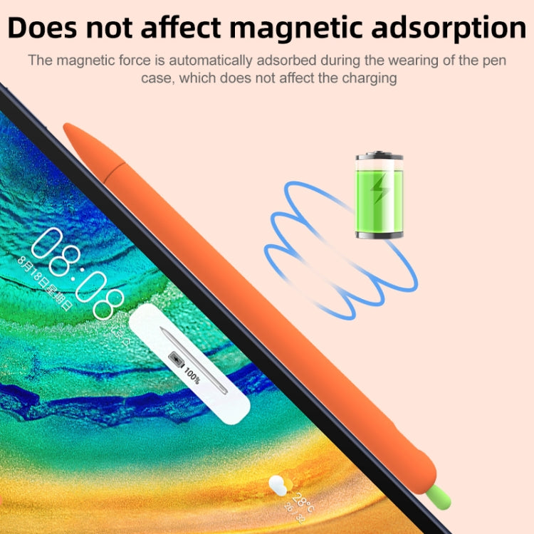 Orange silicone stylus cover with green carrot top and protective pen cap