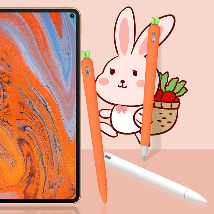Orange silicone stylus cover with green carrot top and grey nib tip