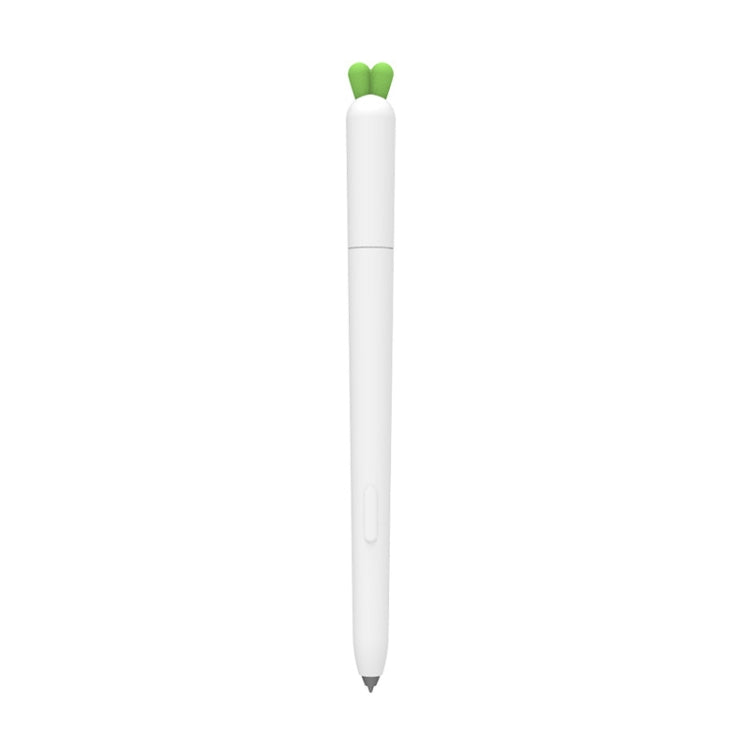 White carrot-shaped silicone stylus cover with green tip, protective fit