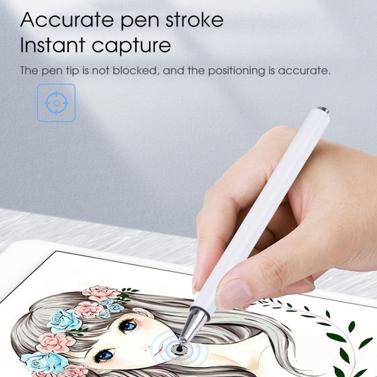 Hand holding universal stylus pen with clear body and silicone nib disc tip