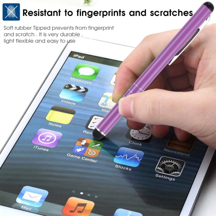 Purple phone writing pen with soft rubber tip held near a tablet