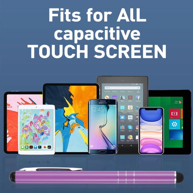 Purple capacitive touch screen stylus pen with black rubber tip and three rings