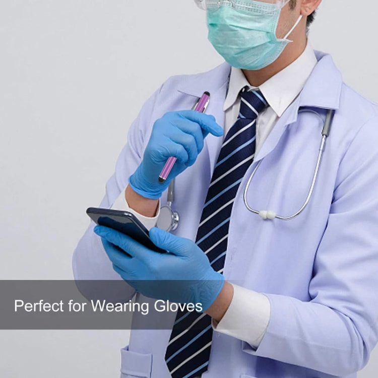 Purple phone writing pen used by a healthcare worker wearing gloves