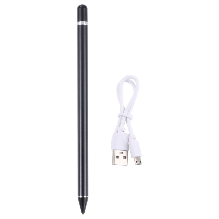 Black stylus pen with USB charging cable and pointed tip
