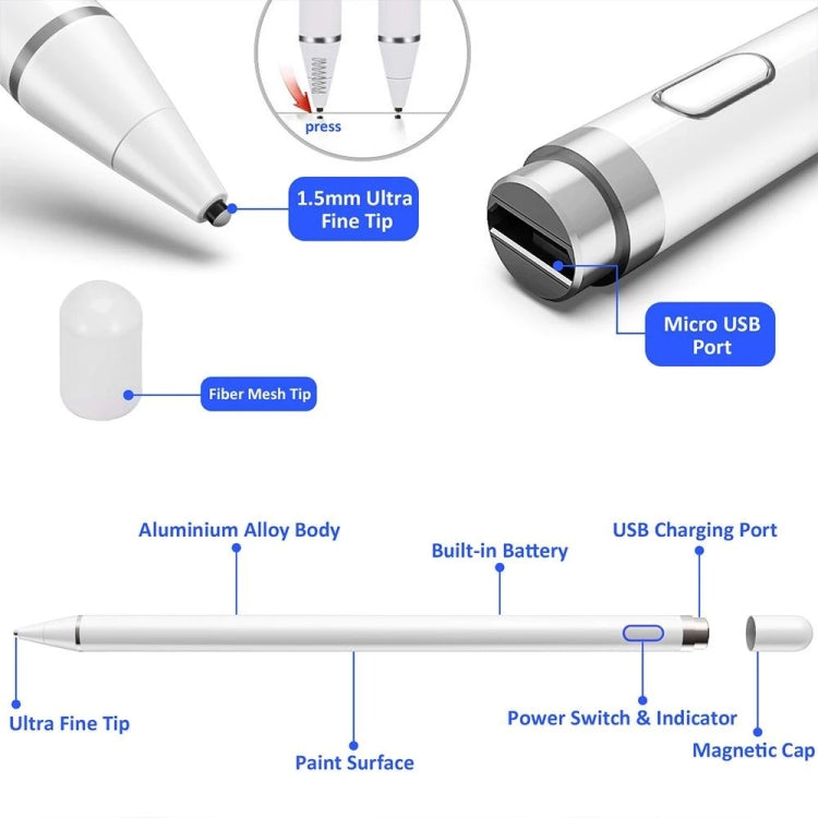 White rechargeable stylus pen with charging port and power switch detail