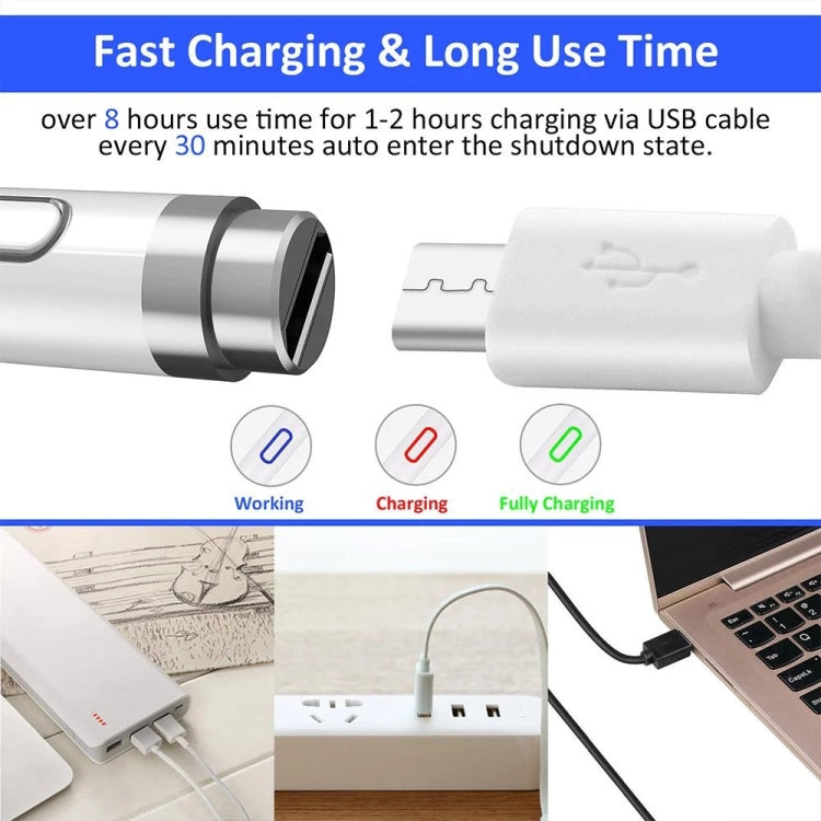 White rechargeable stylus pen showing charging connector and charging status