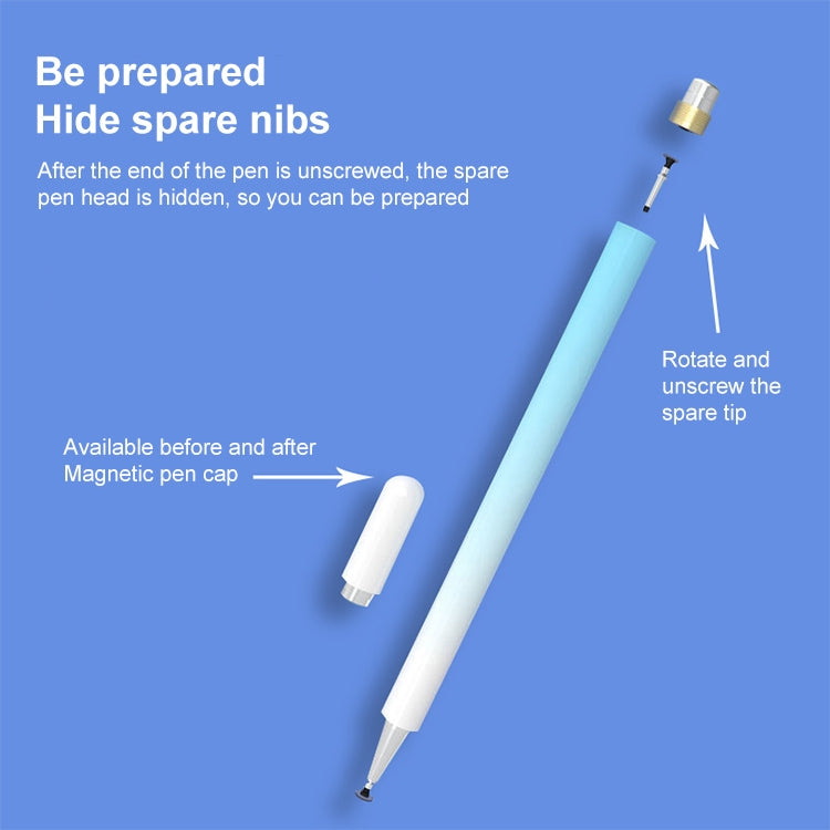 Light blue capacitive stylus pen with hidden spare nib and magnetic cap