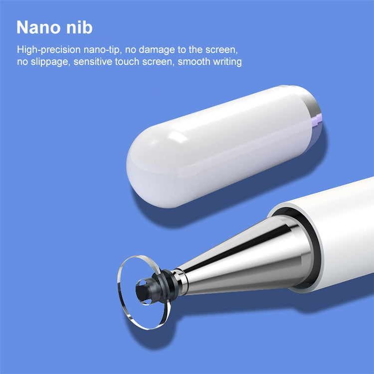 Cap-off nano tip on white capacitive stylus pen with spare nib