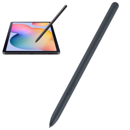Black stylus pen with pointed tip and side button beside tablet screen
