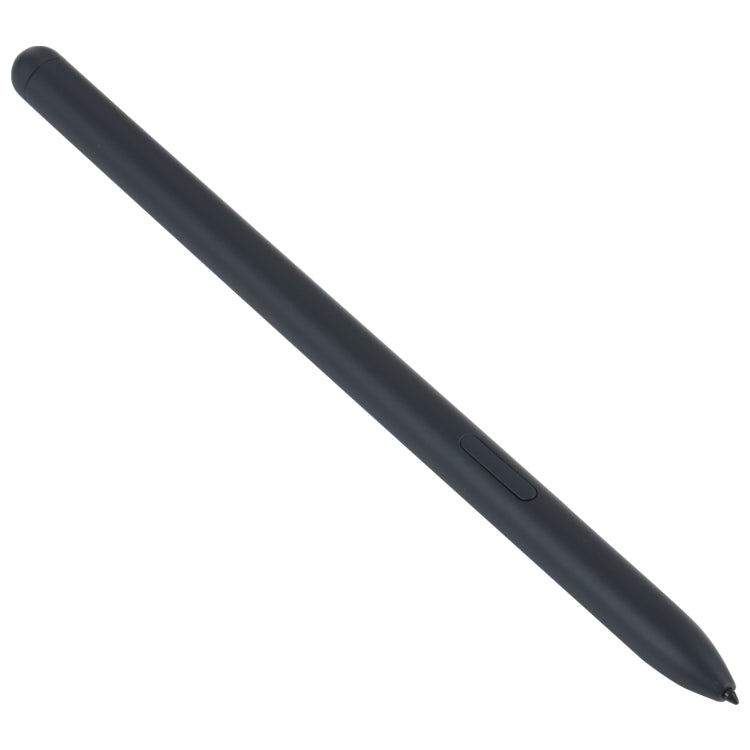 Black stylus pen with matte finish and side button detail, angled view