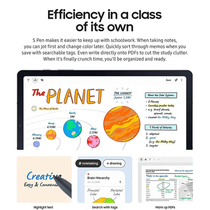 Tablet screen showing study notes, charts, and tags