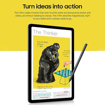 Tablet display with artwork and black stylus pen resting near screen