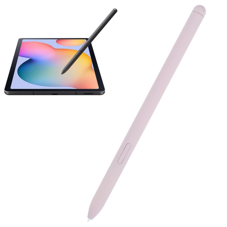 Pink stylus pen with pointed tip and side button beside tablet screen