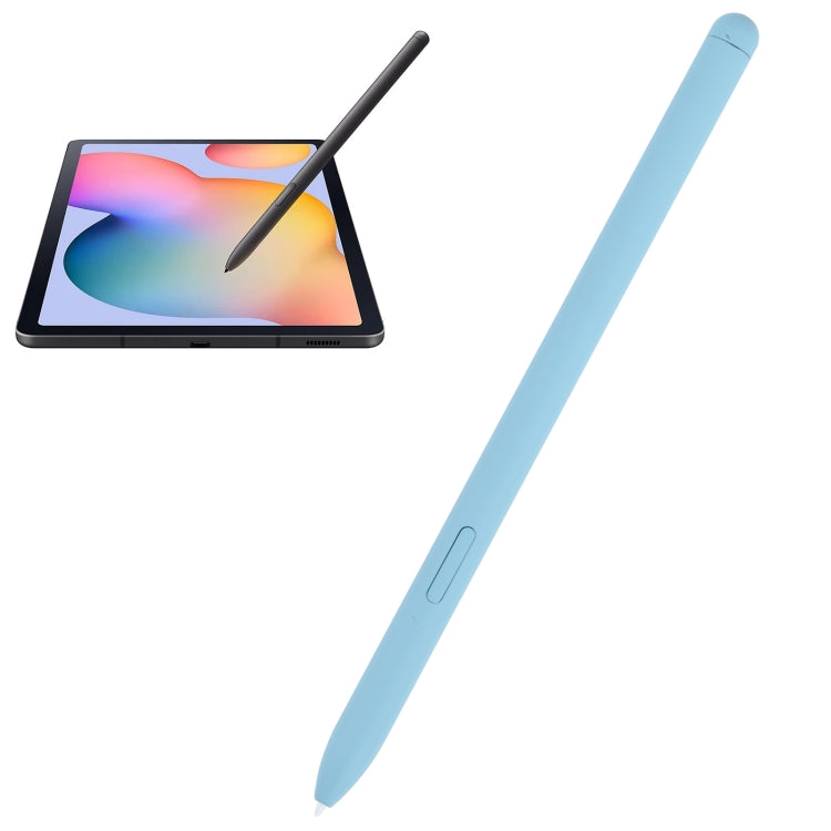Light blue stylus pen with pointed tip and side button beside tablet screen