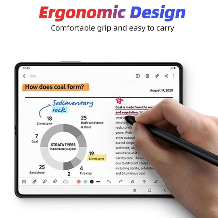 Black stylus pen held in hand, hovering over tablet screen for writing.