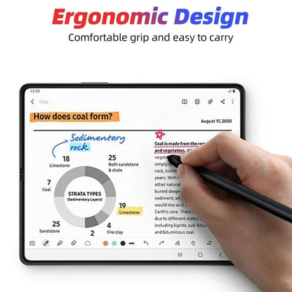 Black stylus pen held in hand, hovering over tablet screen for writing.