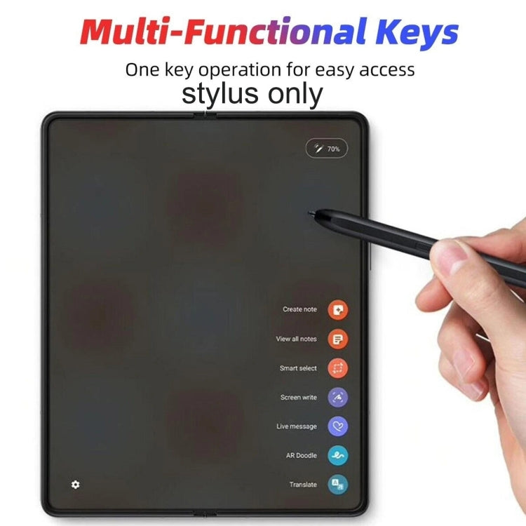 Black stylus pen held near tablet screen, multi-function shortcut menu shown.