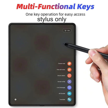 Black stylus pen held near tablet screen, multi-function shortcut menu shown.