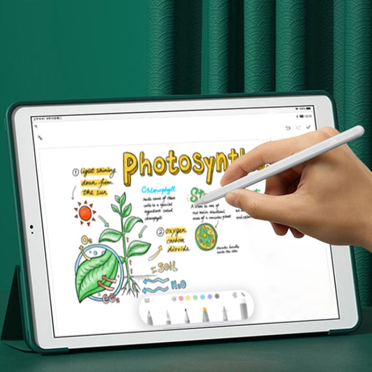 White stylus pen with fine tip, held over a tablet for writing and drawing.