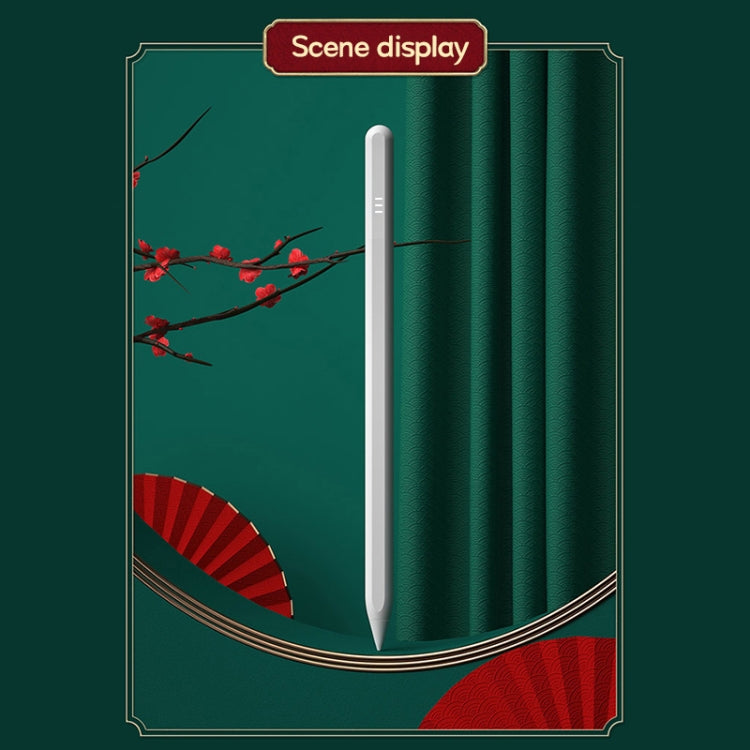 Slim white stylus pen shown upright in a diagram, for capacitive tablet use.